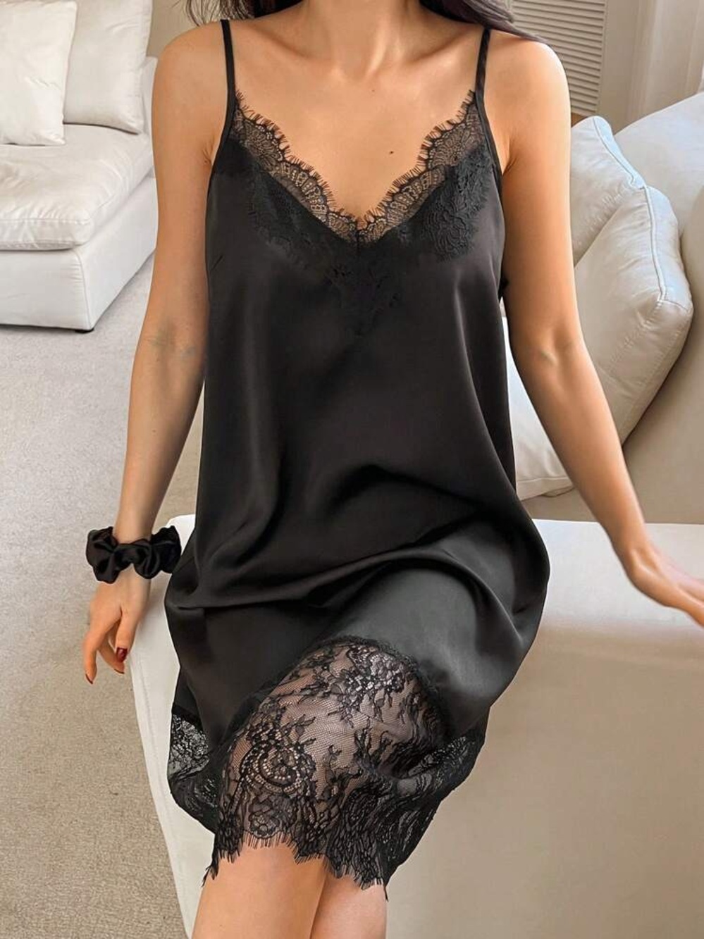NWT My Style Mode Black Satin Lace Trim Slip Dress Size M